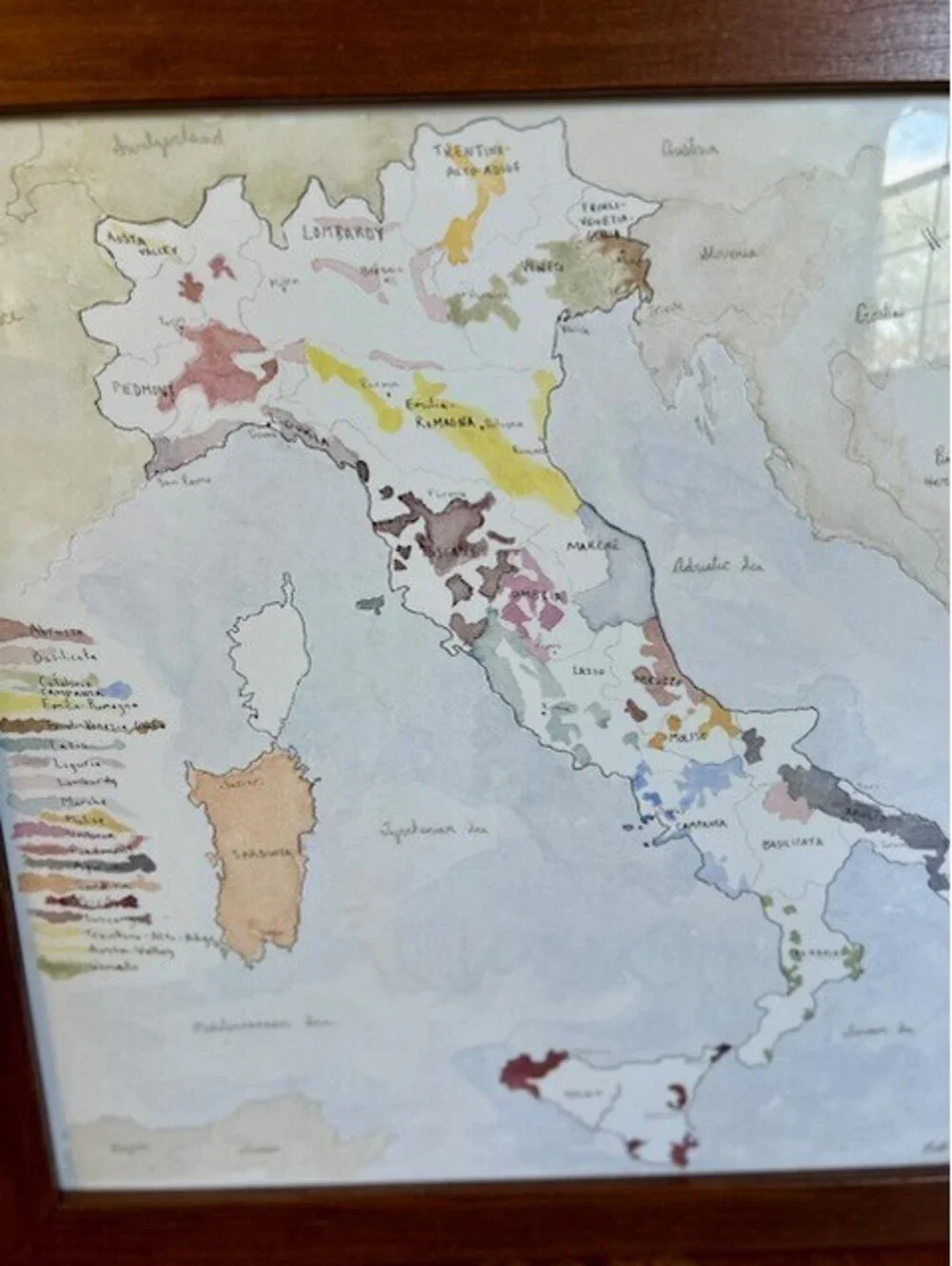 Framed Vintage Map of Italy with Regional Color Coding